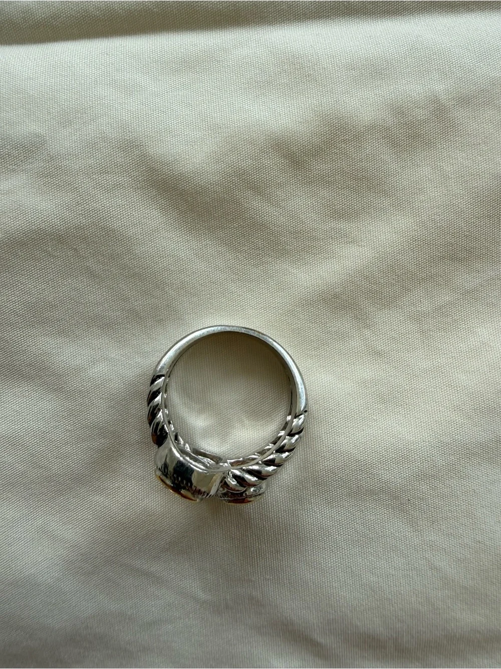 Two Tone Cable Statement Ring Amber Crystal Stones Silver Gold Tone